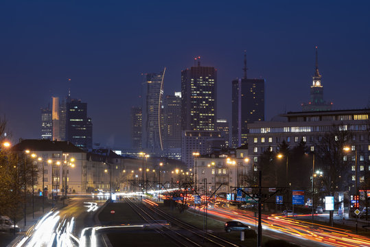 Aerial view of  Warsaw  Financial Center at night