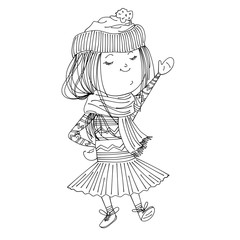 isolated cute sketched girl wearing warm winter clothes: sweater, hat, tutu, mittens and booties