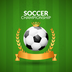 Soccer championship emblem design template. Golden football badge or logo sigh with ribbon crown and wreath