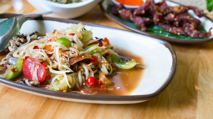 spicy papaya salad with salted crab and fermented fish , Thai fo