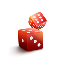 Red dice isolated casino illustration. 3d gamble vector background. Two red dice to play casino game. Success concept jackpot, chance to win