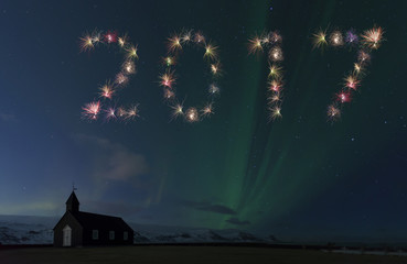 2017 Iceland Firework New Year Concept  Northern Lights