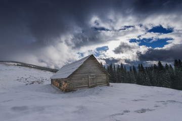 Wooden house in the mountains.