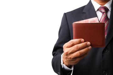 business man show new wallet and money
