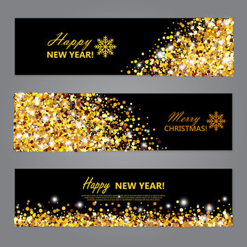 Happy New Year and Merry Christmas Glowing horizontal black Banners set. Vector illustration.