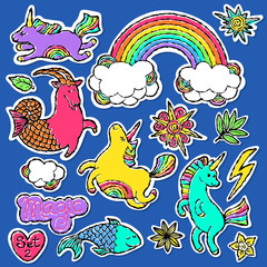 Fashion patch badge elements in cartoon 80s-90s comic style. Set modern trend doodle pop art sketch.