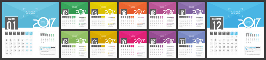Calendar 2017 - Vector template of 12 Months with Place for Photo, Logo and Info Contact