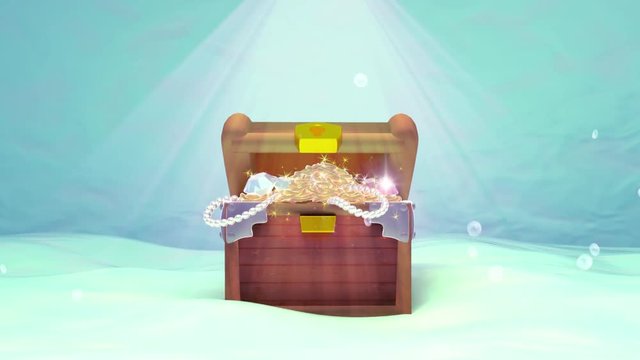 3D underwater treasure hunt cartoon animation. Glory lights from above, floating bubbles, a wooden chest filled with golds, coins, pearl necklaces, jewels and diamonds.Sparks and flares effects.