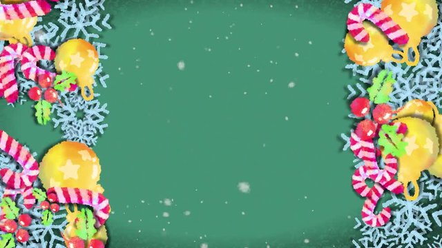 Cartoon Hand Drawn Christmas Frame with Green Background. Snowflakes flying slowly in the air particles effect.