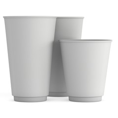 Disposable coffee cups. Blank paper mug. 3d render isolated on white background