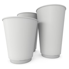 Disposable coffee cups. Blank paper mug. 3d render isolated on white background