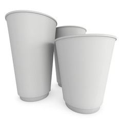 Disposable coffee cups. Blank paper mug. 3d render isolated on white background