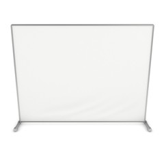 Billet press wall with blank banner. Mobile trade show booth white and blank. 3d render isolated on white background. High Resolution Template for your design.