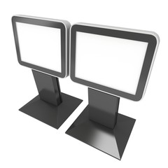 LCD Screen Stand. Blank Trade Show Booth. 3d render of lcd tv isolated on white background. High Resolution. Ad template for your expo design.