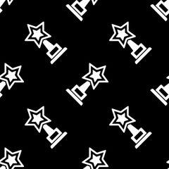 Trophy star cup and award icon seamless pattern, tiling ornament on black. Vector illustration