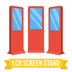 LCD Screen Floor Stand. Red Trade Show Booths with different angles. Vector illustration of kiosk machines on white background. Ad template for your expo design with ribbon banner text.