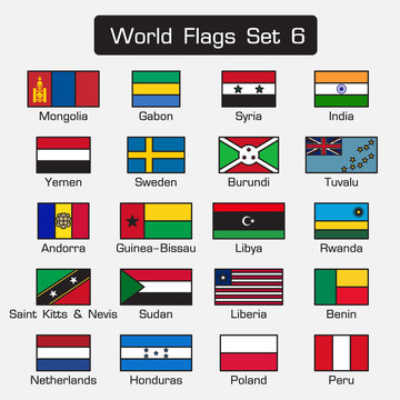 World flags set 6 . simple style and flat design . thick outline .