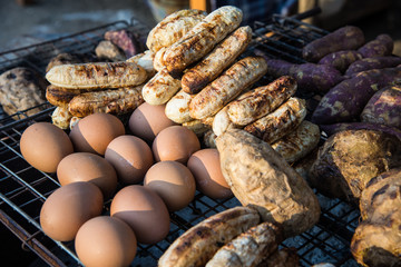Grilled bananas, eggs and potatos, Thailand street food