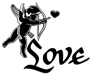 Artistic written single word "Love!" and Cupid hunting for hearts silhouette. 