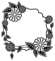 Black and white frame with decorative flowers. 