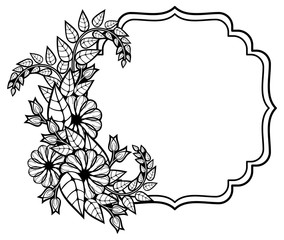 Fototapeta na wymiar Black and white frame with decorative flowers. 