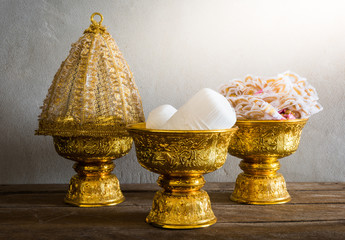 Group of Thailand Gold tray with pedestal