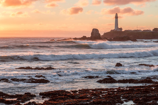 Sunset at Pigeon Point Lighthouse. Pescadero, Central California Coast, USA.