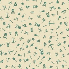 Pirates Themed Freehand Drawings Seamless Pattern. Hand Drawn Pirate Elements Background. Ship, Skull, Hook, Anchor, Bones, Flag, Saber.