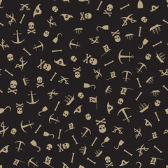 Pirates Themed Freehand Drawings Seamless Pattern. Hand Drawn Pirate Elements Background. Ship, Skull, Hook, Anchor, Bones, Flag, Saber.