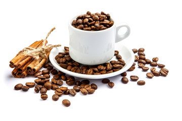 cup of coffee beans on white background