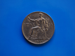 1 lira coin, Kingdom of Italy over blue