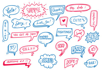 set of cute speech bubble with text in doodle style