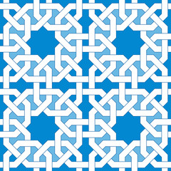 Islamic geometric pattern. Turkish ornament, traditional oriental arabic art. Muslim mosaic. Colorful vector illustration. Blue and white arabian tile. Mosque decoration element. Persian motif