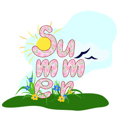 hand-drawn illustration multicolored decorative inscription summer with the  sun, flowers and grass