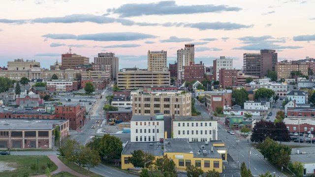 Portland, Maine, USA downtown cityscape time lapse from day to night.