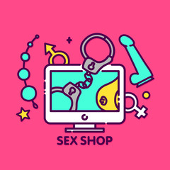Adult toys sex shop online vector web illustration banner