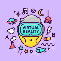 Cartoon kawaii character with virtual reality glasses headset gadget vector