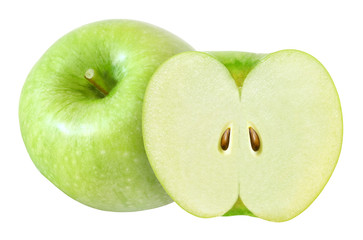 whole and cut in half green apple isolated on white background with clipping path