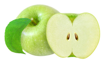 whole and cut in half green apple with leaf isolated on white background with clipping path