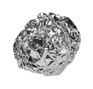 crumpled ball of aluminum foil isolated na white with clipping path