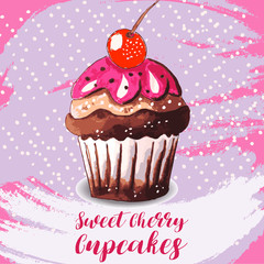 Hand drawn of tasty Cupcake. Watercolor vector illustration.