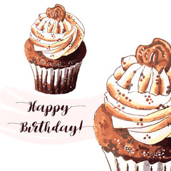 Hand drawn of tasty Cupcake. Watercolor vector illustration.