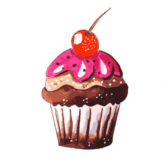 Hand drawn of tasty Cupcake. Watercolor vector illustration.