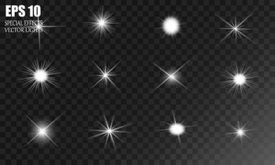 Set of Vector glowing light effect stars bursts with sparkles on transparent background. Transparent stars.