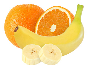 whole and peeled banana and orange fruits isolated on white background with clipping path