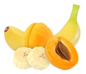 whole and cut banana and apricot fruits isolated on white background with clipping path