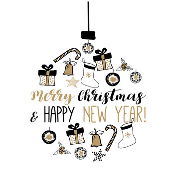 New Year and Merry Christmas ball. Gold, white, black design. Vector illustrations. Hand draw concept.