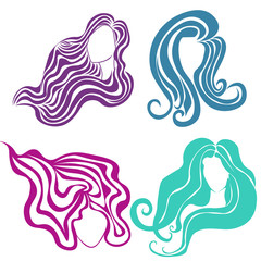 Four beautiful long hair hairstyles set on white background