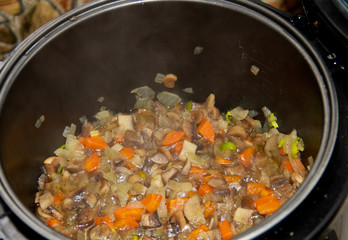 Preparation of mushrooms with carrot and onion in slow cooker