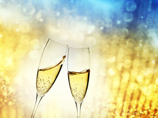 toasting with champagne glasses against holiday lights
